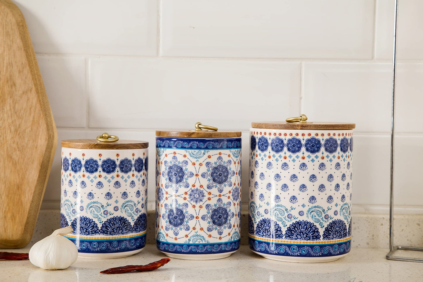 Bico Blue Talavera Ceramic Canister Set of 3 for Kitchen Counter, 62oz, 40oz, 32oz each, with Wooden Air Tight Lid, Food Storage Jar for storing Coffee, Tea, Spice, Dishwasher Safe