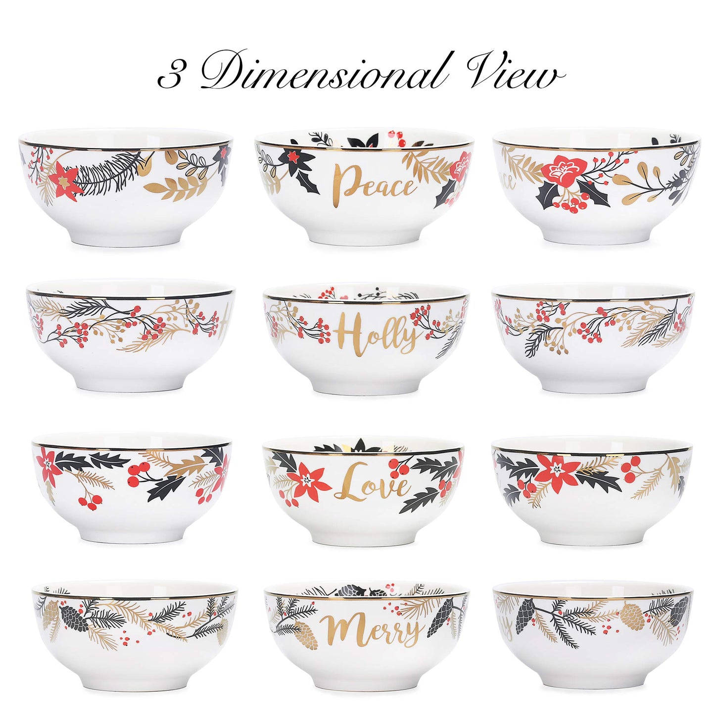 Bico Christmas Wreath Holiday Porcelain Cereal Bowls Set of 4, for Pasta, Salad, Cereal, Soup & Microwave & Dishwasher Safe