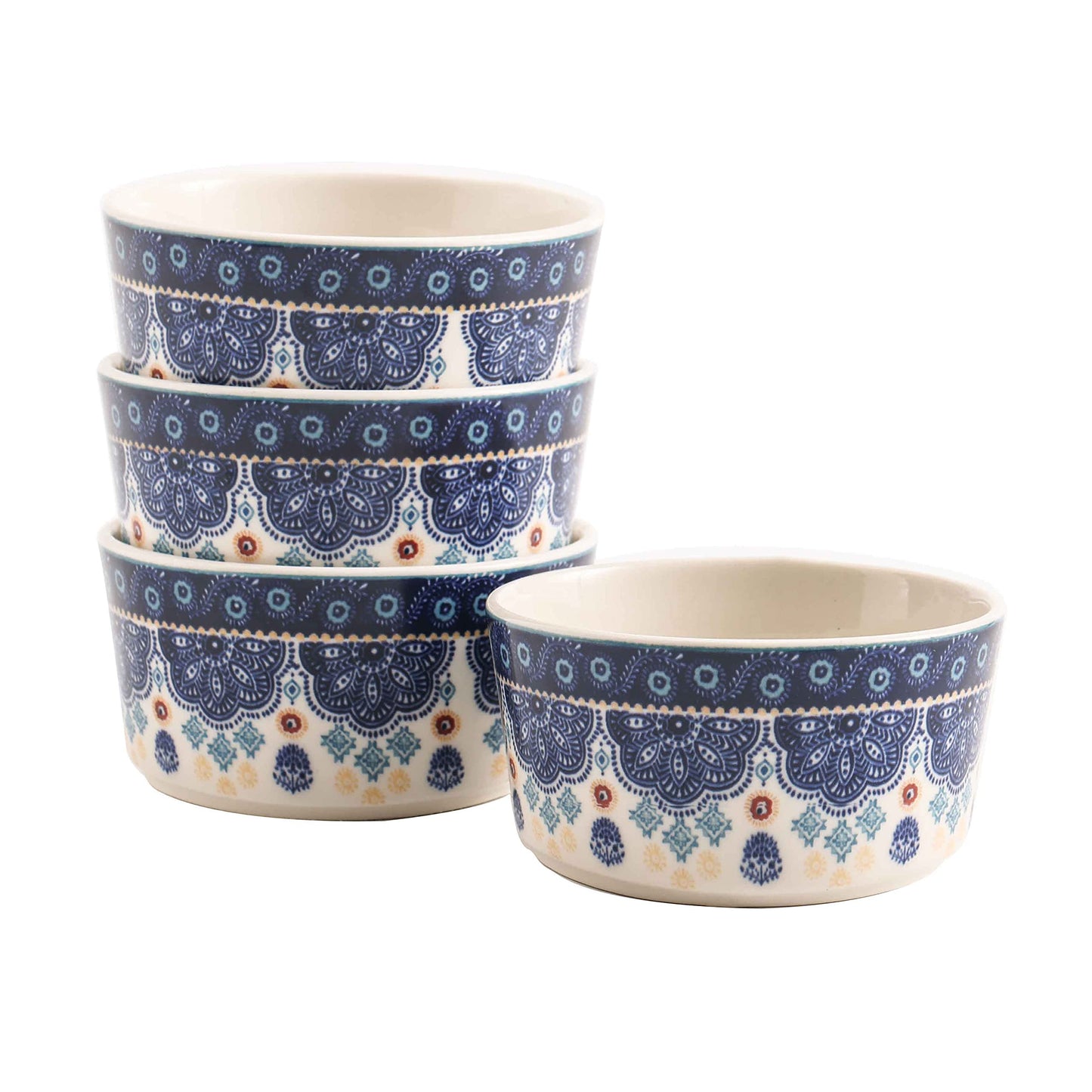 Bico Blue Talavera Stoneware 8oz Ramekin Set, Set of 4, Round Baking Bowl for Pudding, Creme Brulee, Souffle, Microwave, Dishwasher and Oven Safe