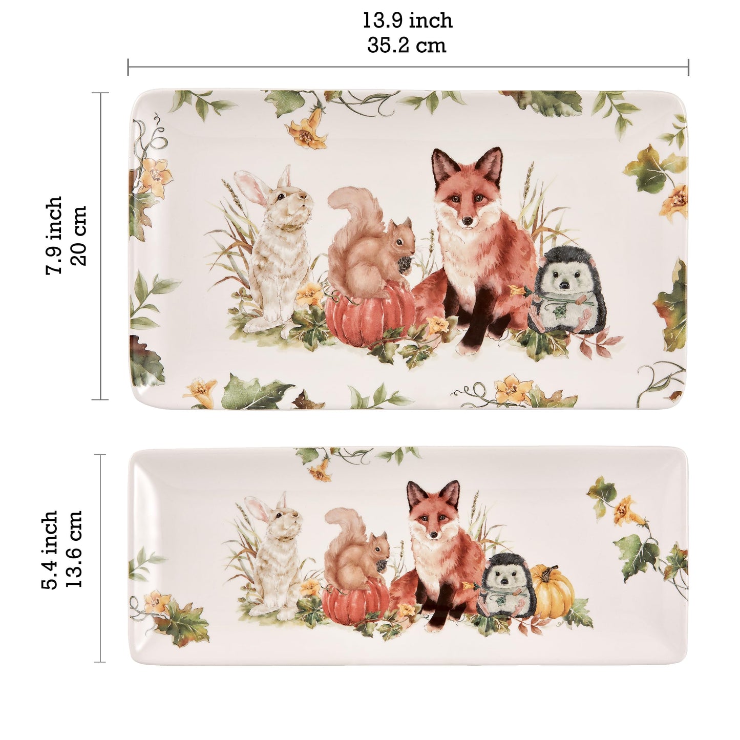 Bico Woodland Critters Ceramic 14 inch Rectangular Serving Platter, Set of 2, for Serving Salad, Pasta, Cheese, Ham, Appetizer, Microwave & Dishwasher Safe