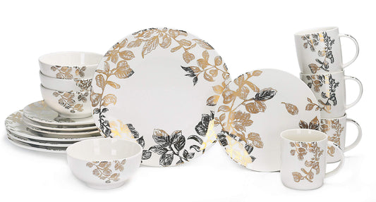 Bico Golden Leaves Porcelain Dinnerware Set of 16, Place Setting Service for 4, Microwave & Dishwasher Safe