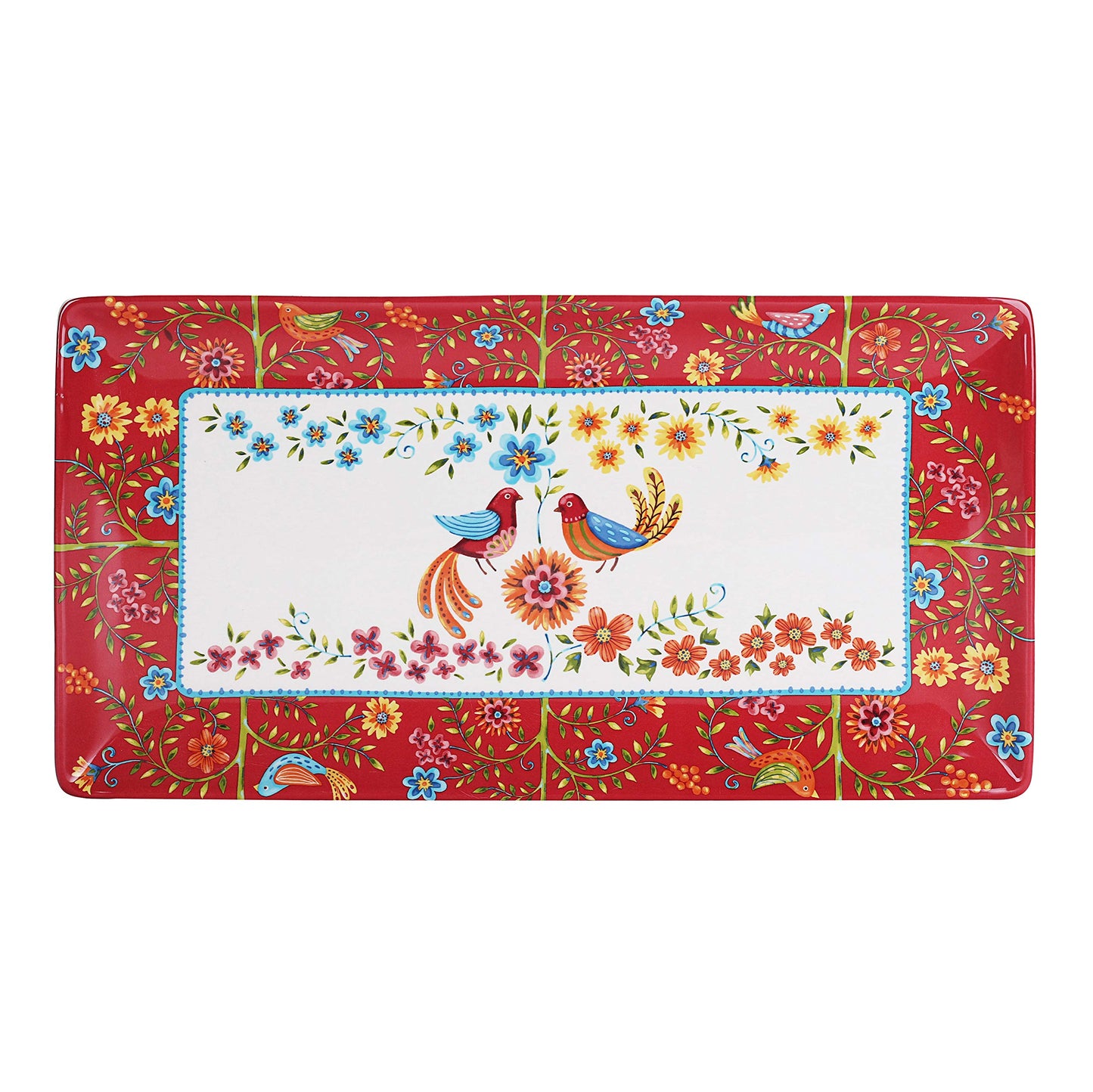 Bico Red Spring Bird Ceramic 18 inch Rectangular Serving Platter, Microwave & Dishwasher Safe