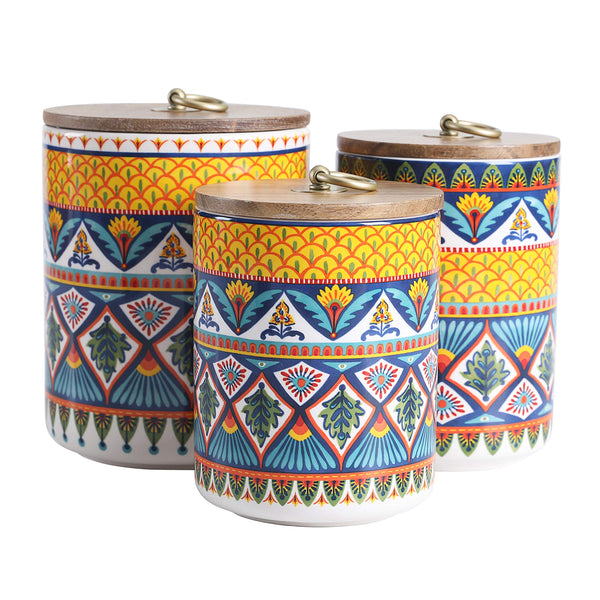 Bico Blue Talavera Ceramic Canister Set of 3 for Kitchen Counter, 62oz,  40oz, 32oz each, with Wooden Air Tight Lid, Food Storage Jar for storing