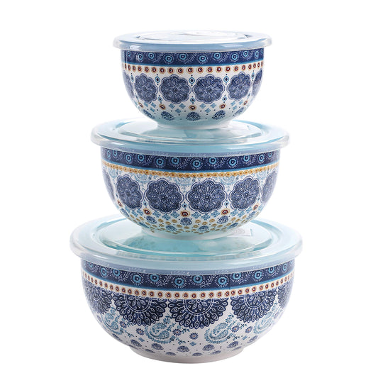 Bico Blue Talavera Ceramic Bowl with Air Tight Lid Set of 3(27oz, 18oz, 9oz each), Prep bowls, Food Storage Bowl for Salad, Snacks, Fruits, Microwave and Dishwasher Safe