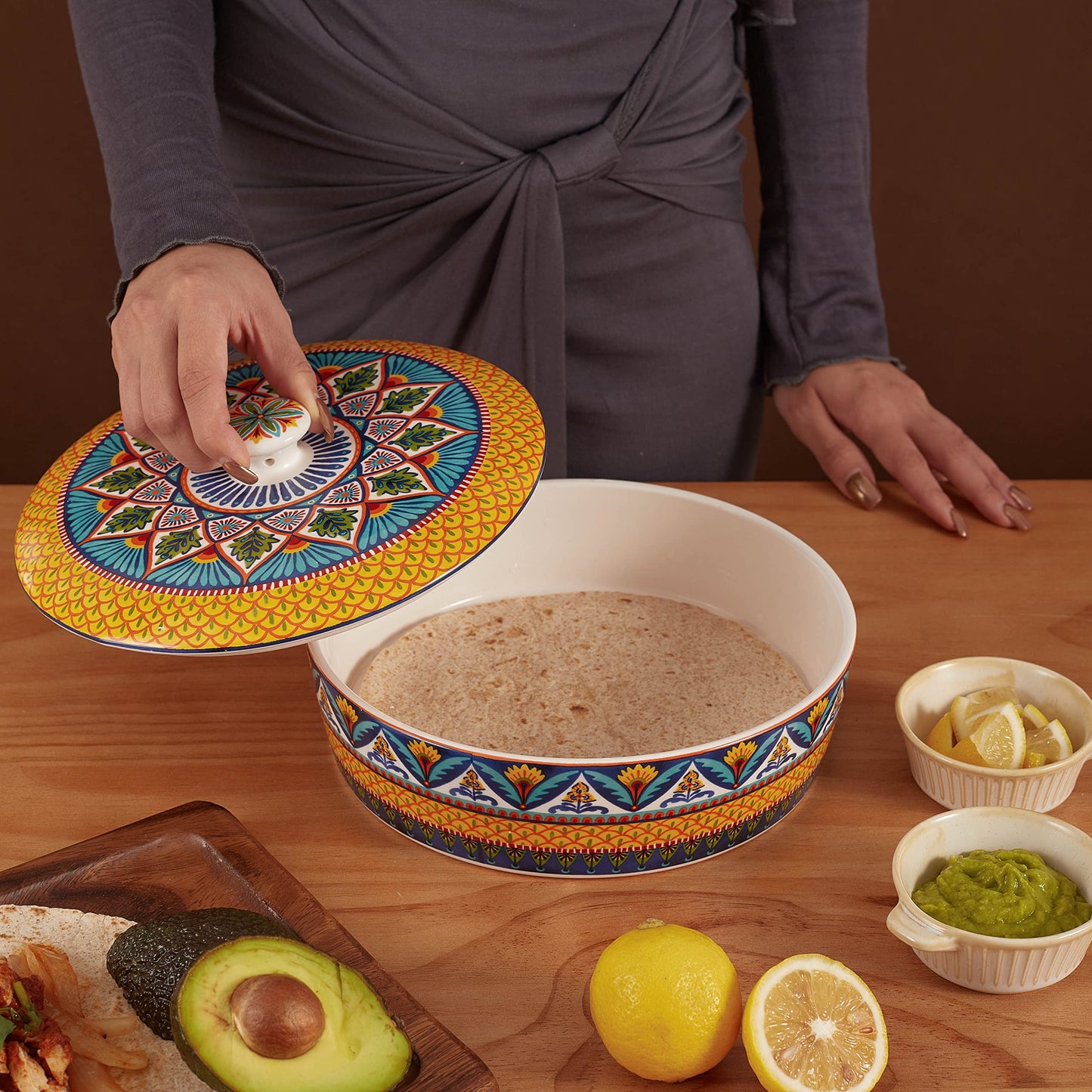 Bico Ceramic 8.8 inch Tortilla Warmer, Tortilla Server with Lid, Taco Holder for Mexican Fiesta Party, Taco Tuesday, Microwave and Dishwasher Safe