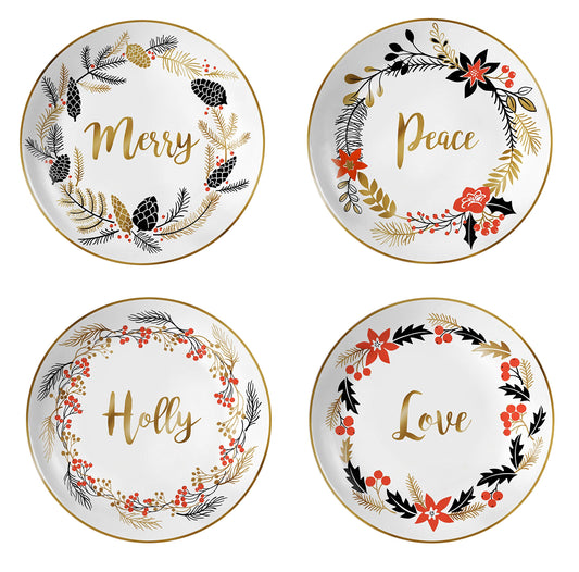 Bico Christmas Wreath Holiday Porcelain 8 inch Salad Plates, Set of 4, for Salad, Appetizer, Microwave Safe & Handwash Suggested
