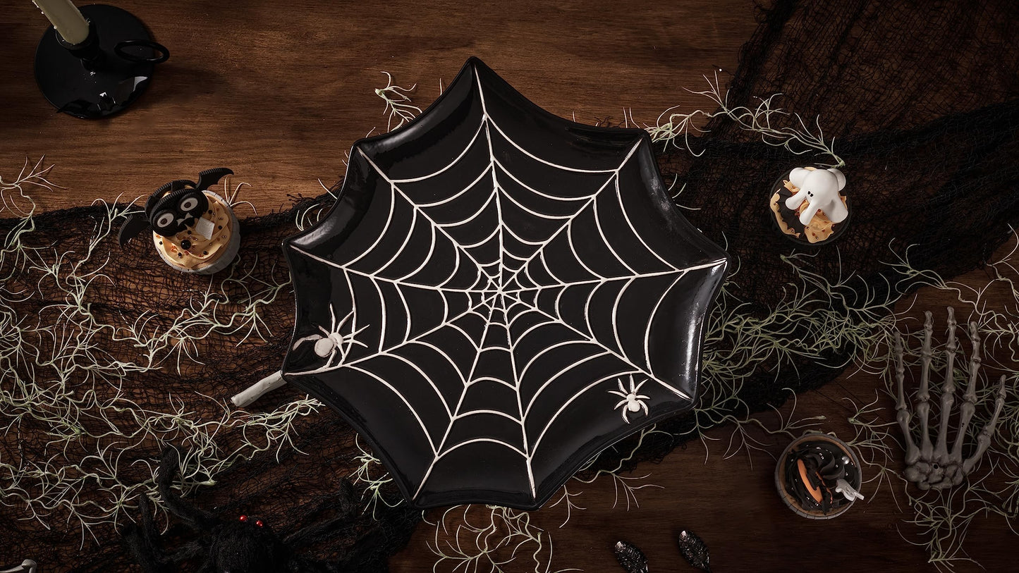 Bico Halloween Spider Web 12.7 inch Black Ceramic Cake Stand, for Holding Cakes, Desserts, Microwave and Dishwasher Safe