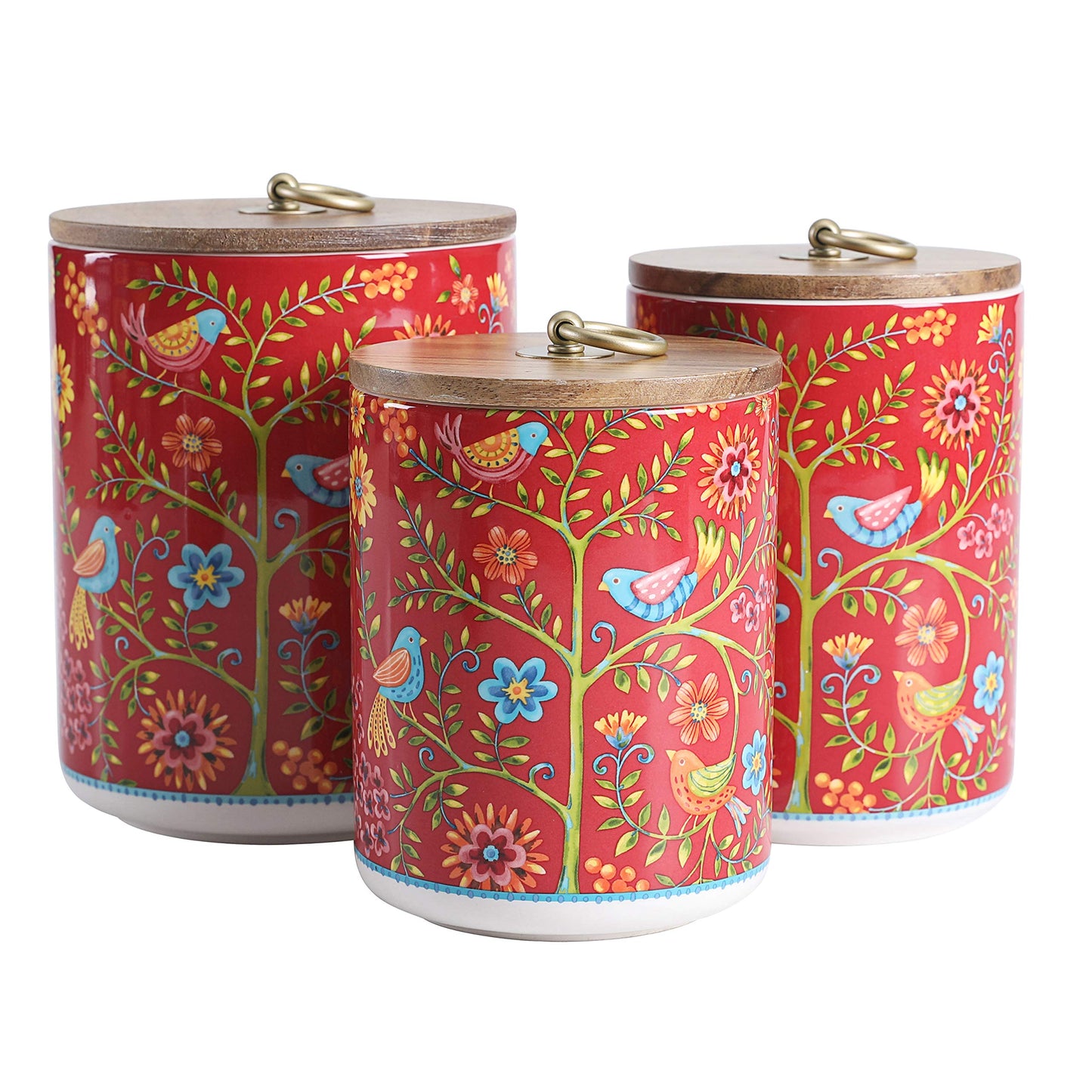 Bico Red Spring Bird Ceramic Canister Set of 3 for Kitchen Counter, 62oz, 40oz, 32oz each, with Wooden Air Tight Lid, Food Storage Jar for storing Coffee, Tea, Spice, Dishwasher Safe