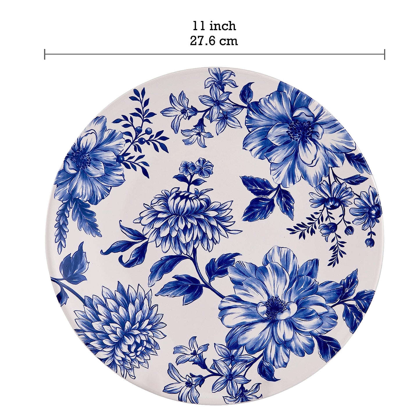 Bico Blue Floral Haven Ceramic 11 inch Dinner Plates, Set of 4, for Pasta, Salad, Maincourse, Microwave & Dishwasher Safe