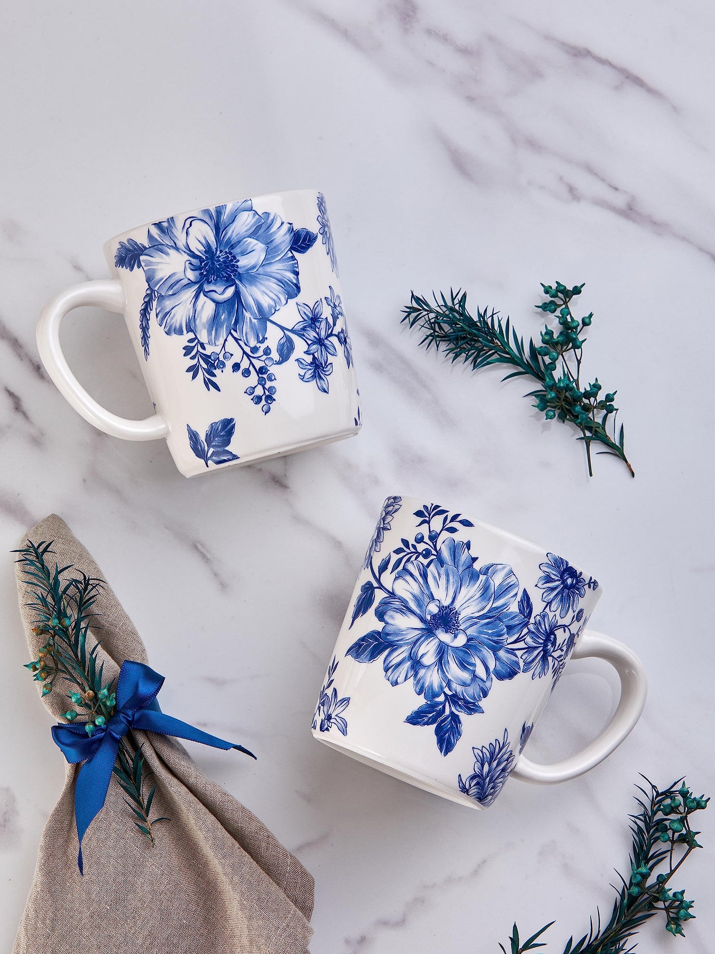 Bico Blue Floral Haven Haven Ceramic Mugs, Set of 4, for Coffee, Tea, Drinks, Microwave & Dishwasher Safe