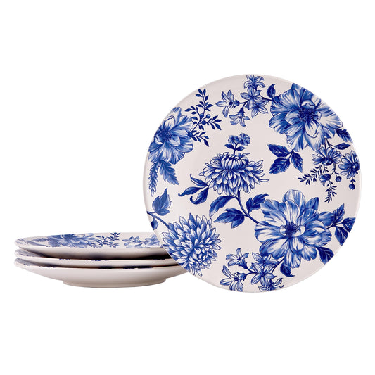 Bico Blue Floral Haven Ceramic 11 inch Dinner Plates, Set of 4, for Pasta, Salad, Maincourse, Microwave & Dishwasher Safe