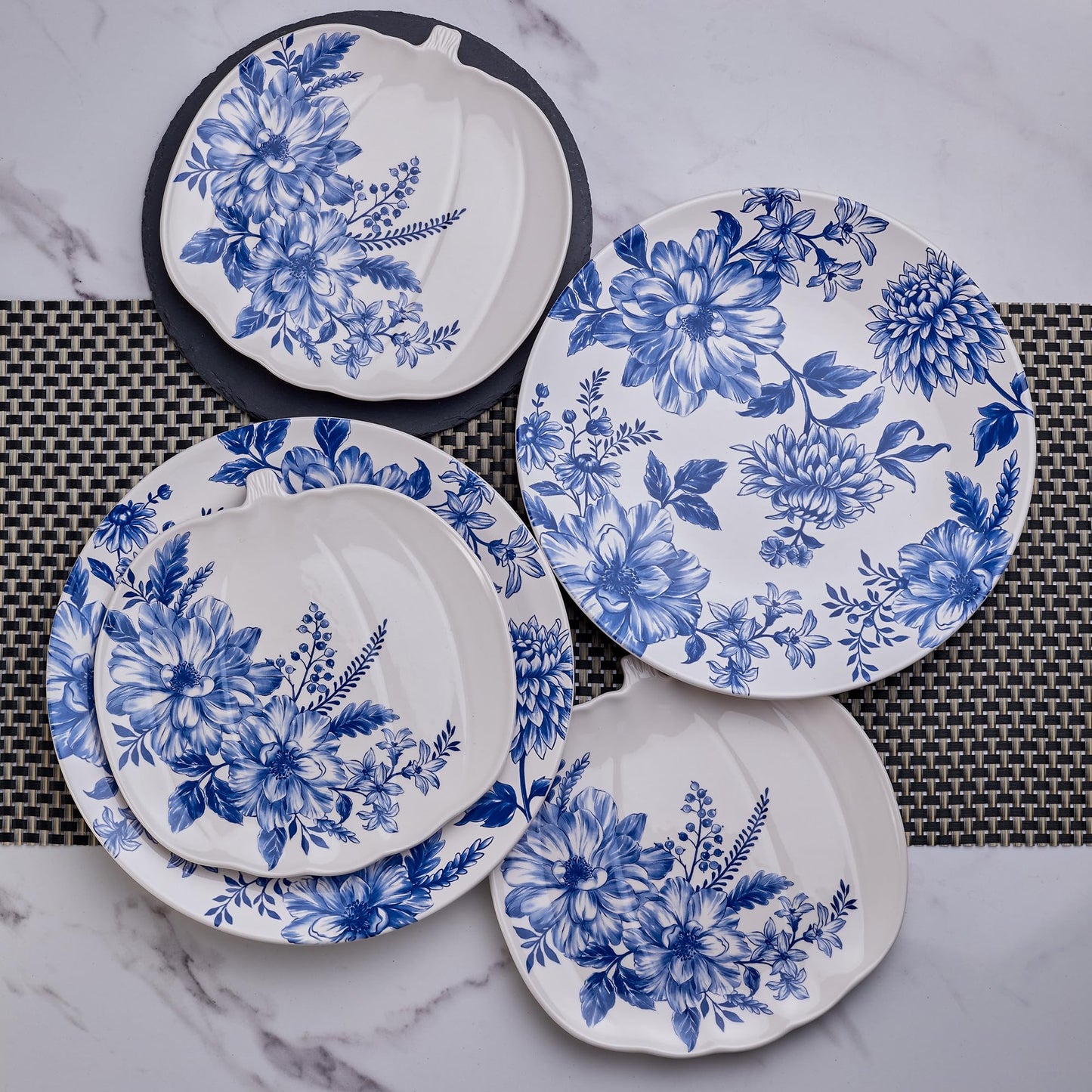 Bico Blue Floral Haven Ceramic 11 inch Dinner Plates, Set of 4, for Pasta, Salad, Maincourse, Microwave & Dishwasher Safe