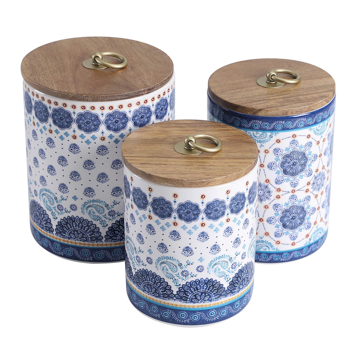 Bico Blue Talavera Ceramic Canister Set of 3 for Kitchen Counter, 62oz, 40oz, 32oz each, with Wooden Air Tight Lid, Food Storage Jar for storing Coffee, Tea, Spice, Dishwasher Safe