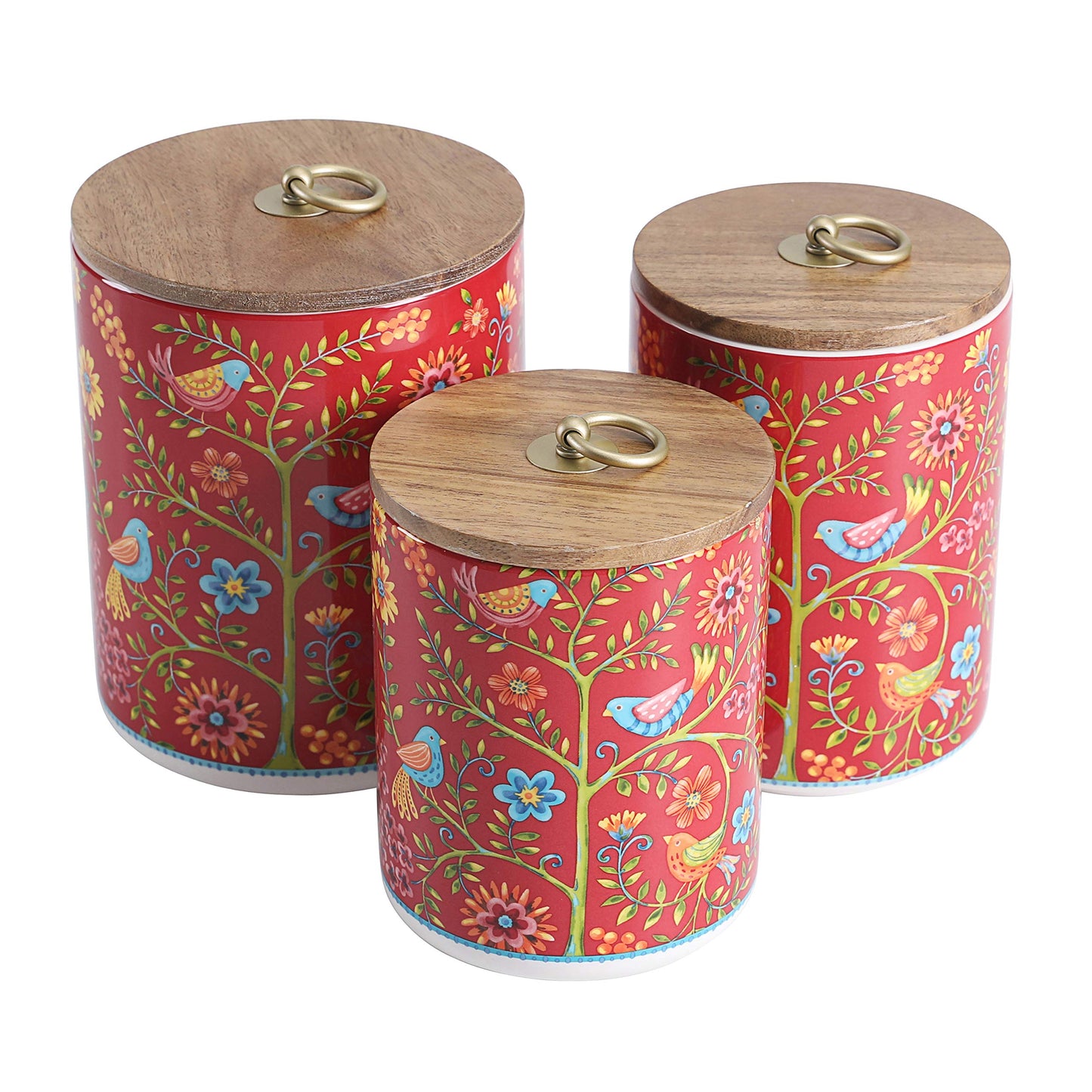 Bico Red Spring Bird Ceramic Canister Set of 3 for Kitchen Counter, 62oz, 40oz, 32oz each, with Wooden Air Tight Lid, Food Storage Jar for storing Coffee, Tea, Spice, Dishwasher Safe