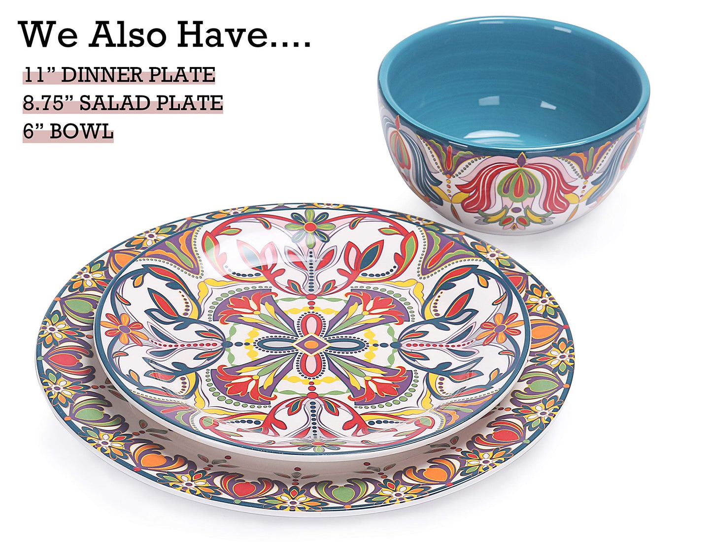 Bico Red Blue Leaf Dinner Plates Set of 4, Ceramic, 11 inch for Pasta, Salad, Maincourse, Microwave & Dishwasher Safe