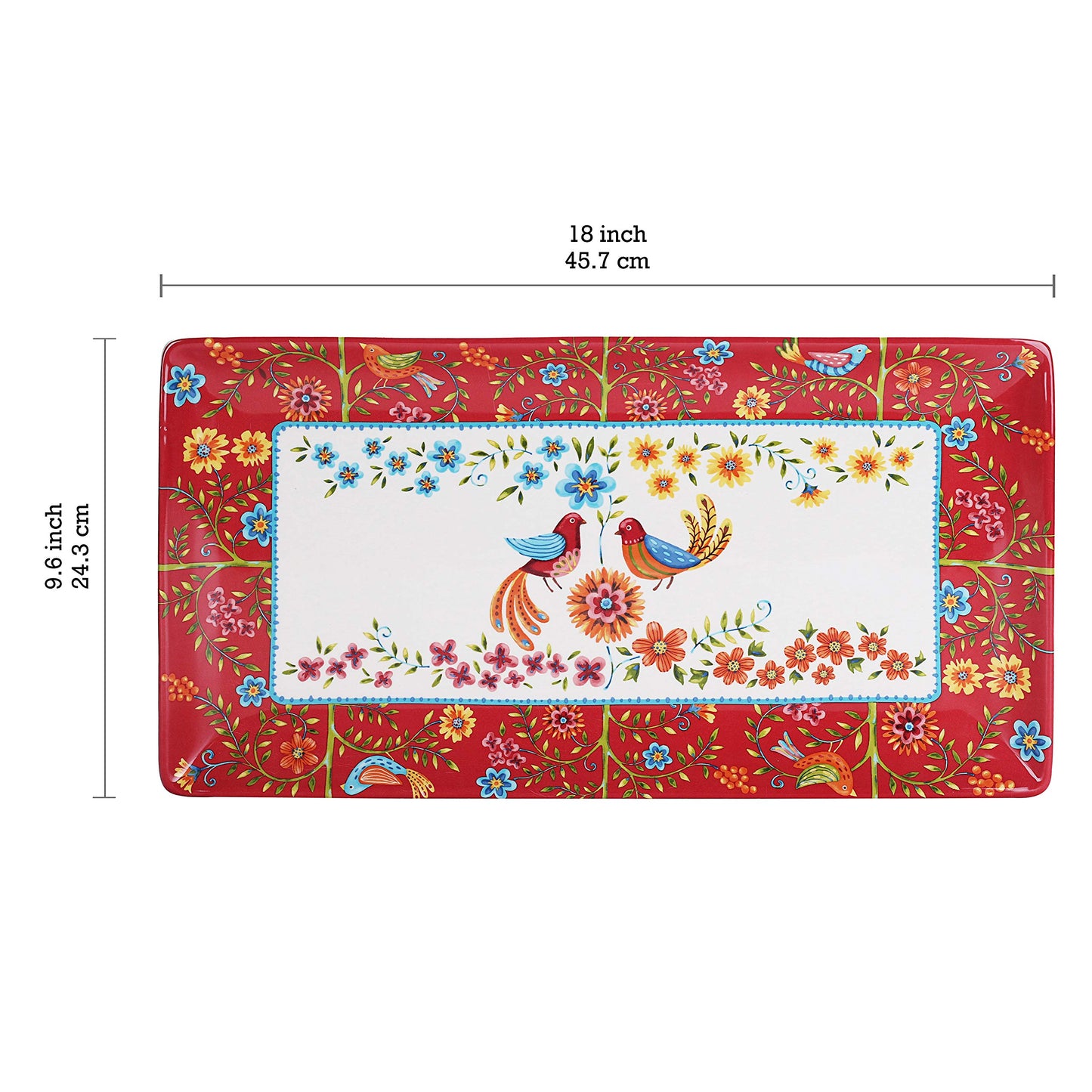 Bico Red Spring Bird Ceramic 18 inch Rectangular Serving Platter, Microwave & Dishwasher Safe