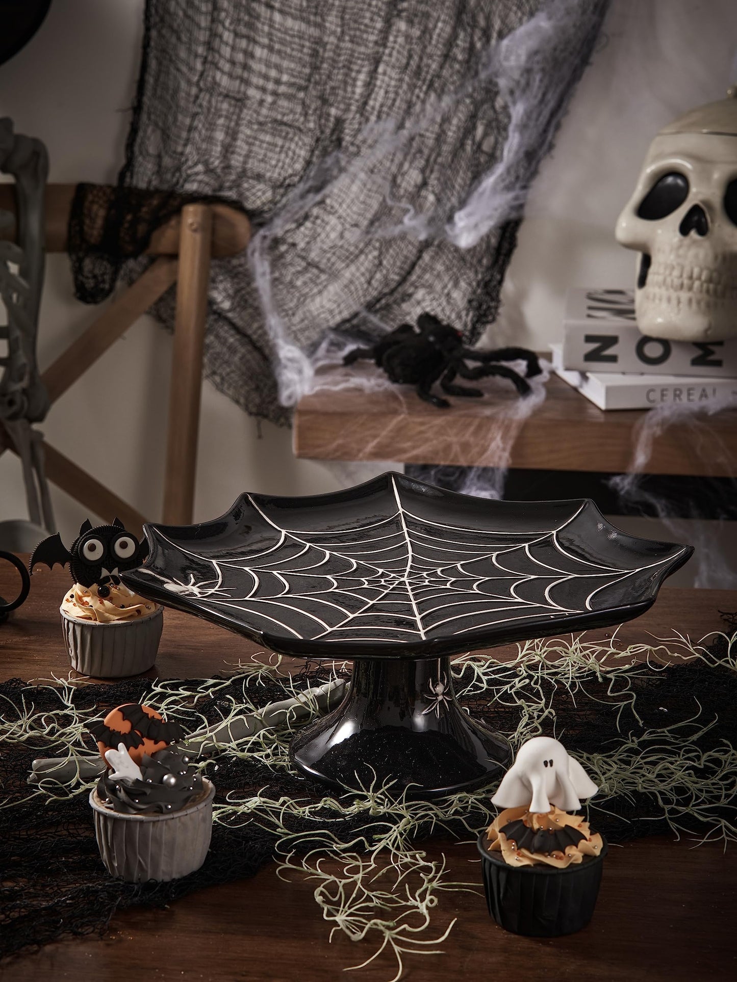 Bico Halloween Spider Web 12.7 inch Black Ceramic Cake Stand, for Holding Cakes, Desserts, Microwave and Dishwasher Safe