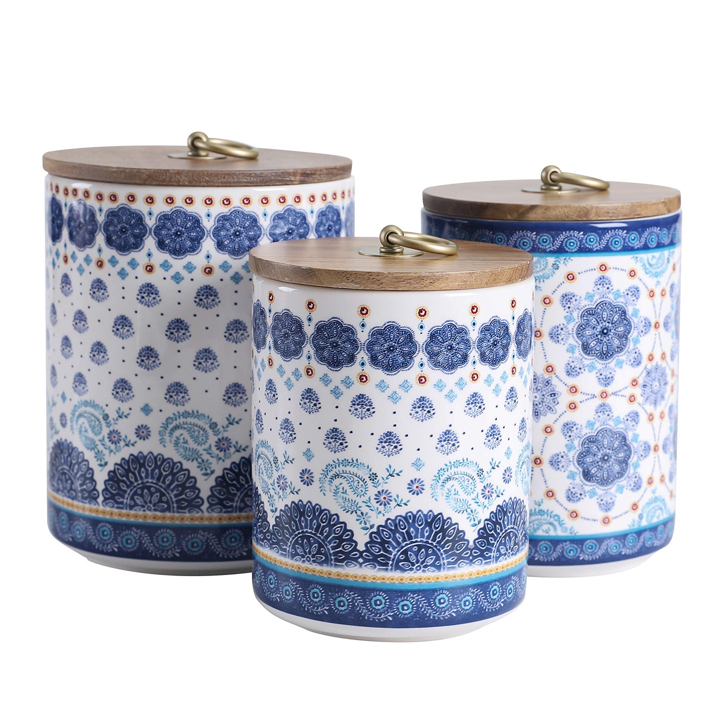 Bico Blue Talavera Ceramic Canister Set of 3 for Kitchen Counter, 62oz, 40oz, 32oz each, with Wooden Air Tight Lid, Food Storage Jar for storing Coffee, Tea, Spice, Dishwasher Safe