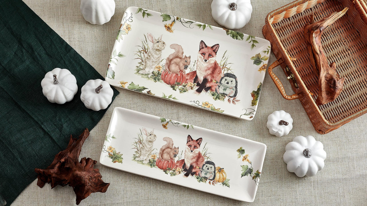 Bico Woodland Critters Ceramic 14 inch Rectangular Serving Platter, Set of 2, for Serving Salad, Pasta, Cheese, Ham, Appetizer, Microwave & Dishwasher Safe