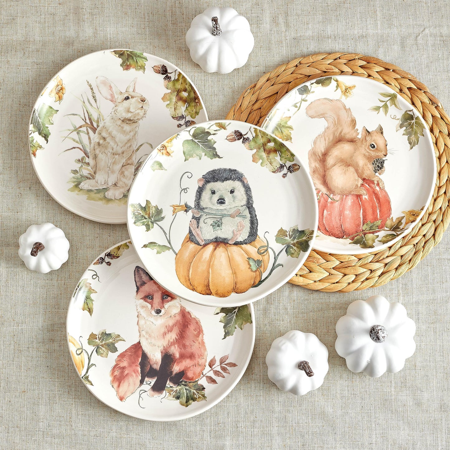 Bico Woodland Critters Ceramic Salad Plates, 8.75 inch, Set of 4, for Salad, Appetizer, Microwave & Dishwasher Safe