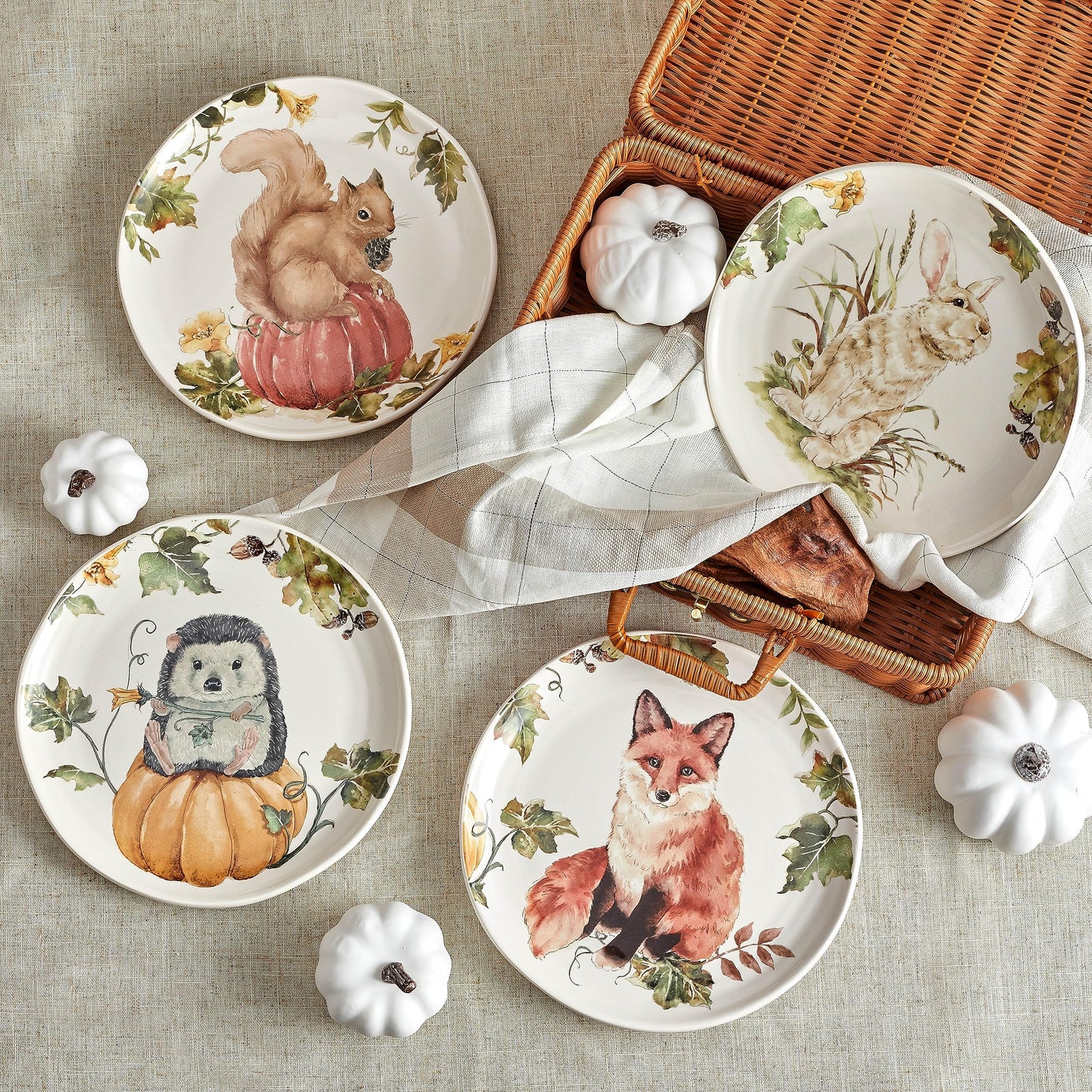 Bico Woodland Critters Ceramic Salad Plates, 8.75 inch, Set of 4, for Salad, Appetizer, Microwave & Dishwasher Safe